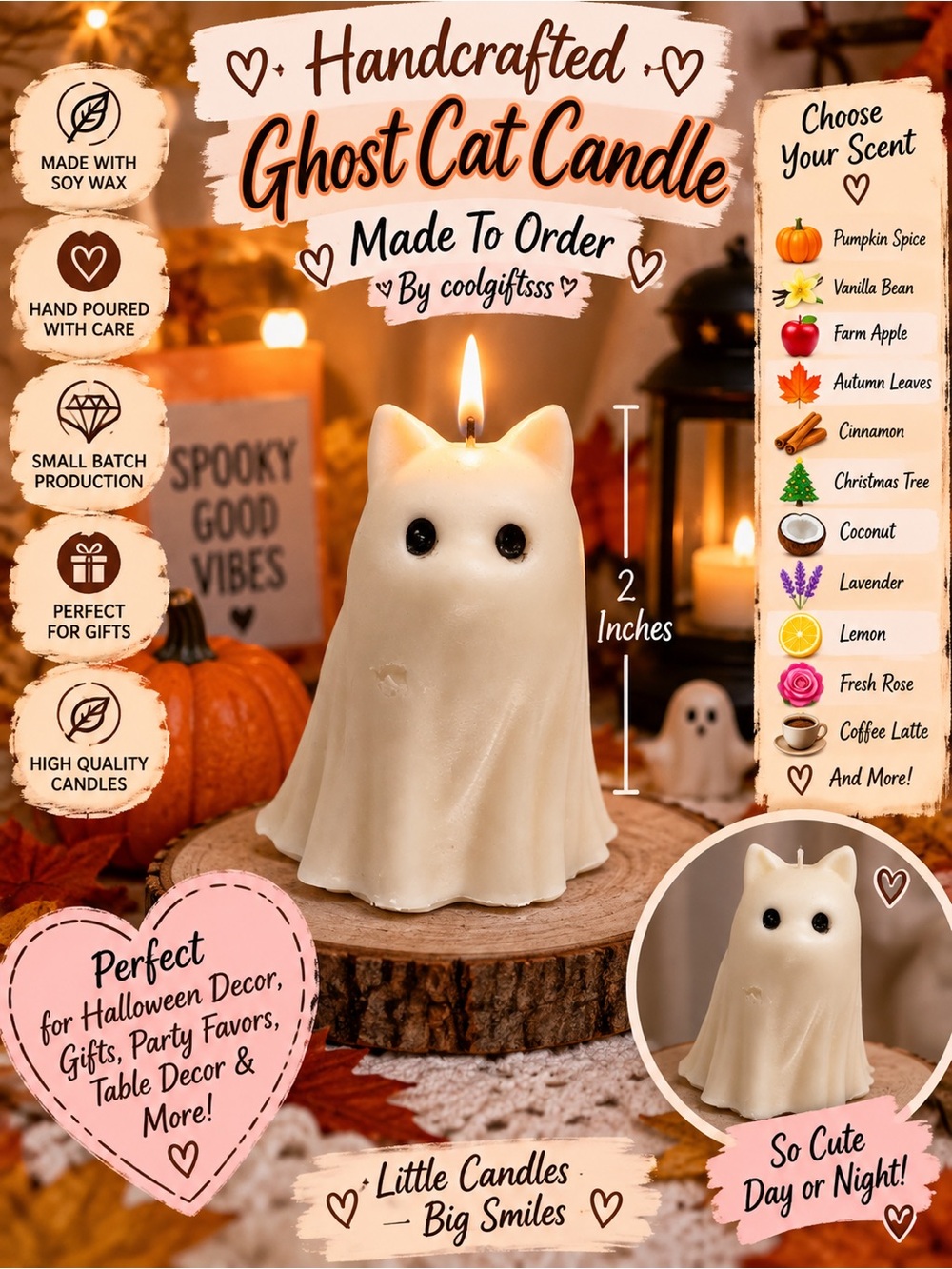 Handmade Ghost Kitty Candle | 2 Inch Halloween Decor | Cute Fall Gift Soy Candle